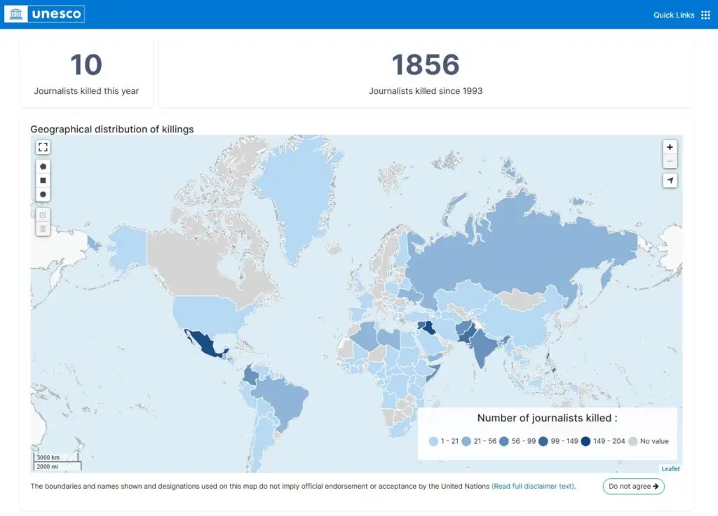 Estatísticas da UNESCO sobre assassinatos de jornalistas