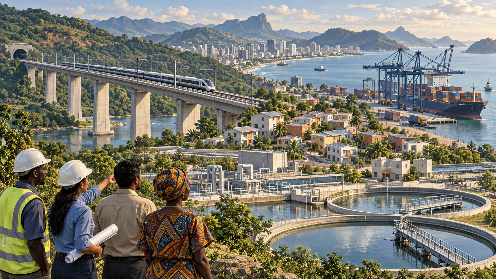 BRICS propõe ampliar banco e financiamento ao Sul Global Ilustração de ferrovia, porto, moradias e estação de tratamento de água, representando investimentos em desenvolvimento.