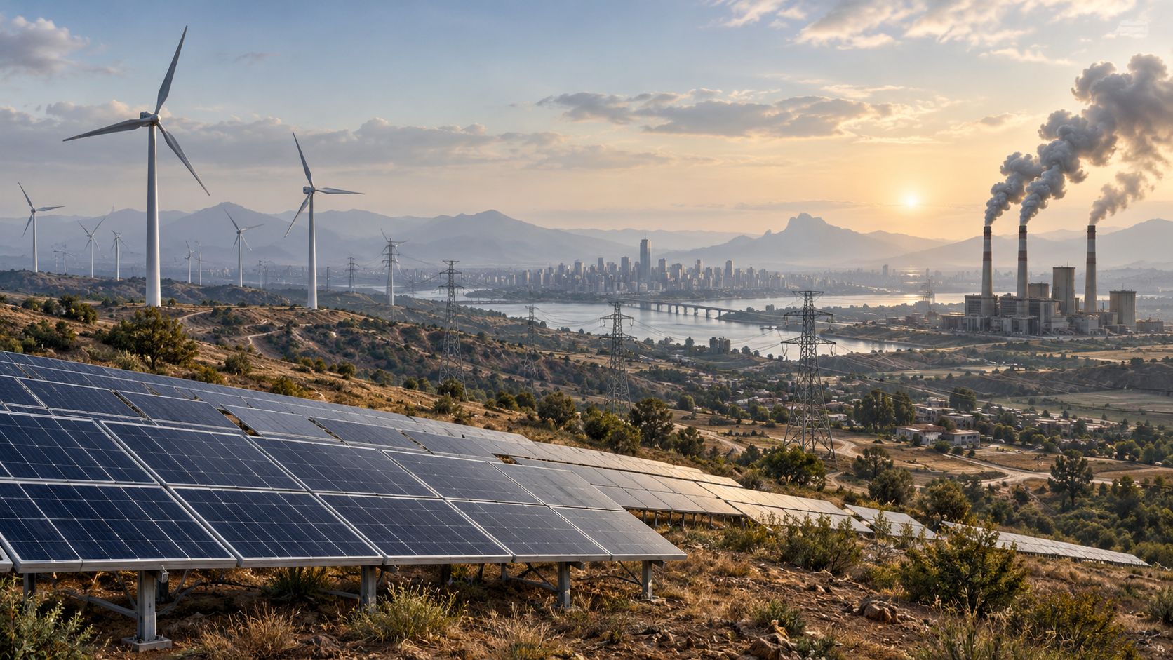 BRICS defende transição energética com espaço para combustíveis fósseis Ilustração de painéis solares, turbinas eólicas e uma usina térmica conectados a uma cidade.