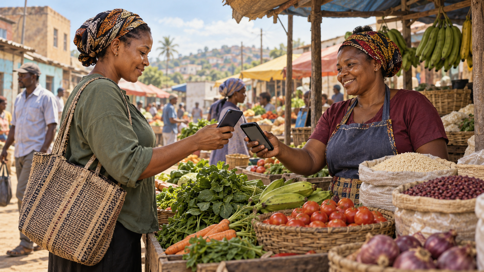 Estudo estima custo de reduzir extrema pobreza com transferências de renda Ilustração de duas mulheres realizando uma transação por celular em uma feira de alimentos.