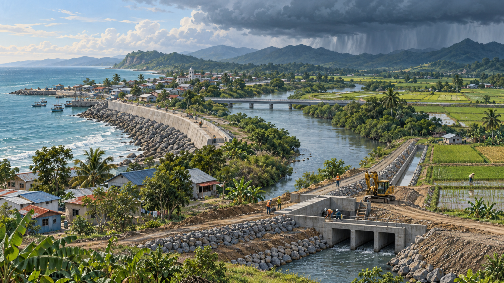 Pressão dos EUA sobre bancos põe financiamento climático em debate Ilustração de obras de drenagem e proteção costeira em uma cidade, com nuvens de chuva ao fundo.