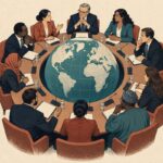 Ilustra&ccedil;&atilde;o de representantes reunidos em torno de um globo em uma mesa diplom&aacute;tica.